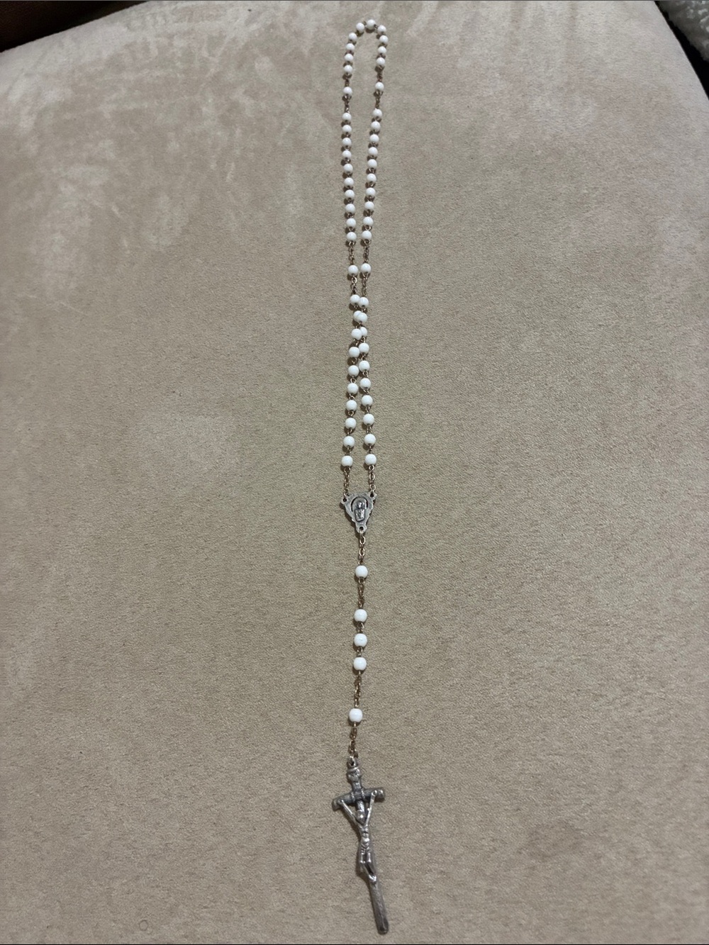 Classic White Bead Rosary Necklace with Silver Crucifix